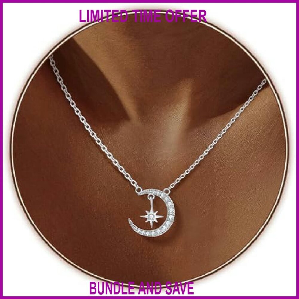 Sterling Silver Moon Star Necklace Dainty CZ Pendant Gift